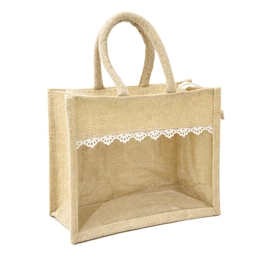 ALTER® Jute Gift Hamper Bag with Transparent Window and Lace, Reusable Return Gift Bag for Wedding Favors, Baby Shower, Diwali, Festive and Corporate Gifts, Natural Beige|B0GNN8L9V1