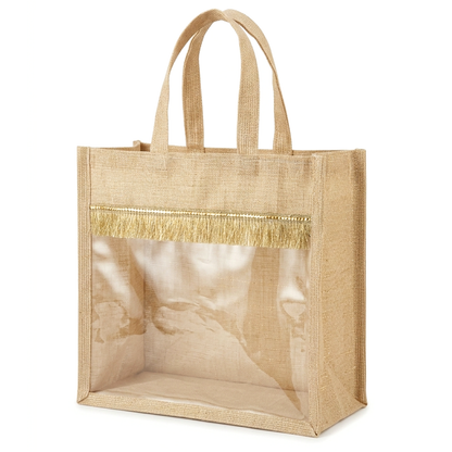 Alter Premium Jute Thamboolam Bags, Jute Gift Bag with Clear Display Window, Lace Detailing, Braided Handles, Zipper Closure, for Weddings & Gifting, Pack of 10 (Finura - Mangala (11" x 11" x 5"))