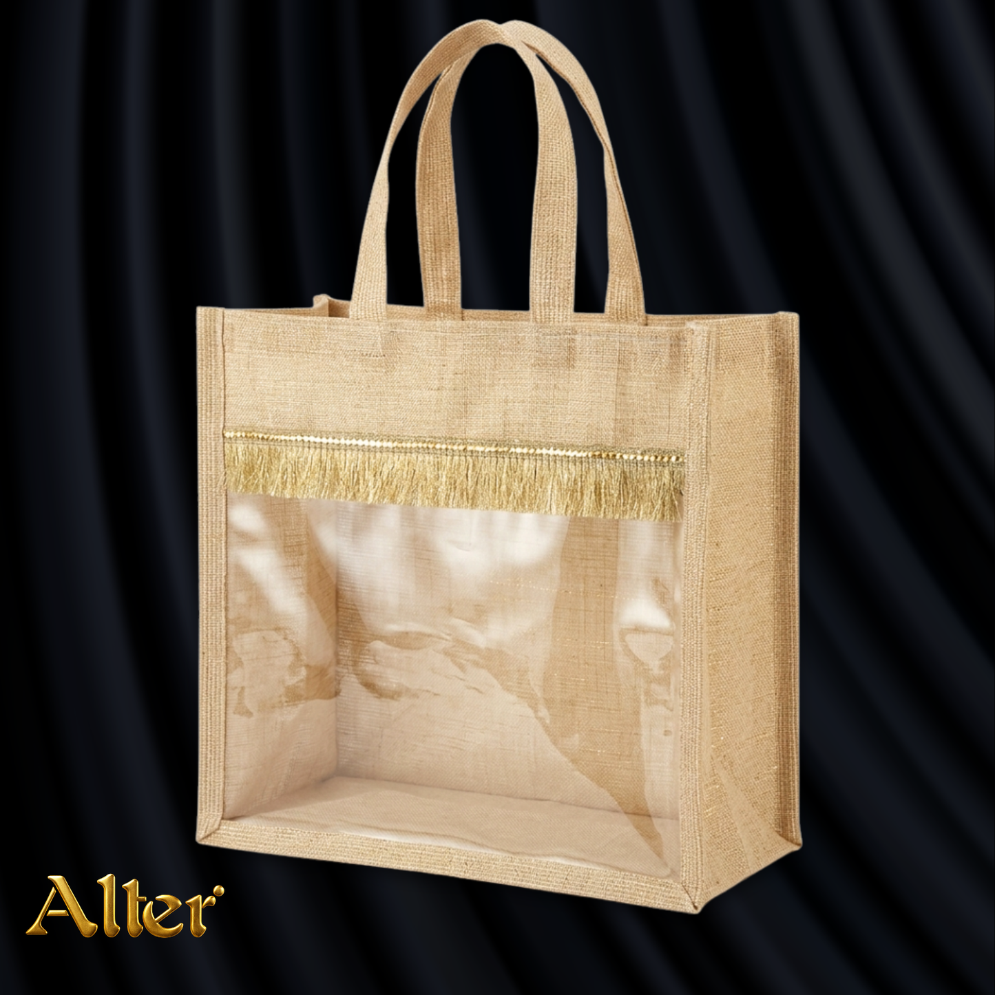 Alter Premium Jute Thamboolam Bags, Jute Gift Bag with Clear Display Window, Lace Detailing, Braided Handles, Zipper Closure, for Weddings & Gifting, Pack of 10 (Finura - Mangala (11" x 11" x 5"))