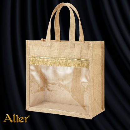 Alter Premium Jute Thamboolam Bags, Jute Gift Bag with Clear Display Window, Lace Detailing, Braided Handles, Zipper Closure, for Weddings & Gifting, Pack of 10 (Finura - Mangala (11" x 11" x 5"))