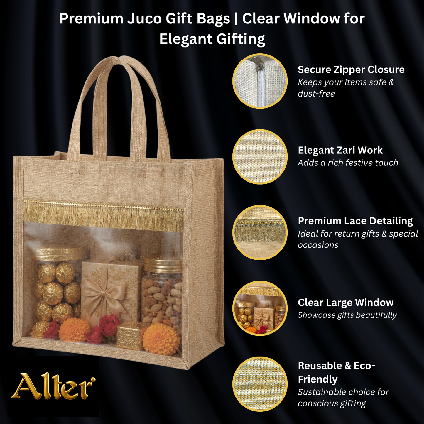 Alter Premium Jute Thamboolam Bags, Jute Gift Bag with Clear Display Window, Lace Detailing, Braided Handles, Zipper Closure, for Weddings & Gifting, Pack of 10 (Finura - Mangala (11" x 11" x 5"))