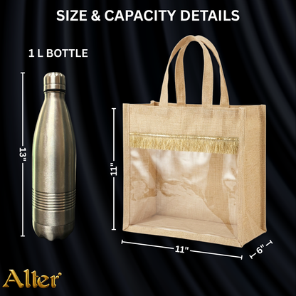 Alter Premium Jute Thamboolam Bags, Jute Gift Bag with Clear Display Window, Lace Detailing, Braided Handles, Zipper Closure, for Weddings & Gifting, Pack of 10 (Finura - Mangala (11" x 11" x 5"))