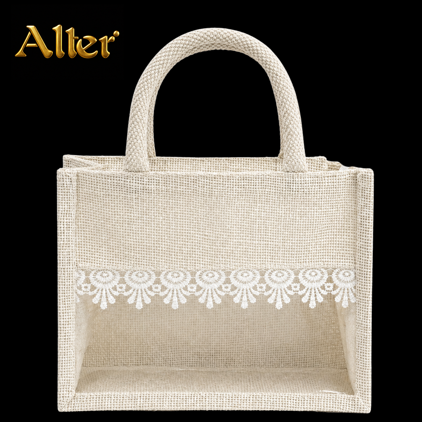 Alter Premium Jute Thamboolam Bags, Jute Gift Bag with Clear Display Window, Lace Detailing, Braided Handles, Zipper Closure, for Weddings & Gifting, Pack of 10 (Finura - Elite - Small (8" x 10" x 4"))