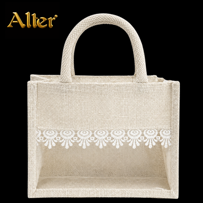 Alter Premium Jute Thamboolam Bags, Jute Gift Bag with Clear Display Window, Lace Detailing, Braided Handles, Zipper Closure, for Weddings & Gifting, Pack of 10 (Finura - Elite - Small (8" x 10" x 4"))