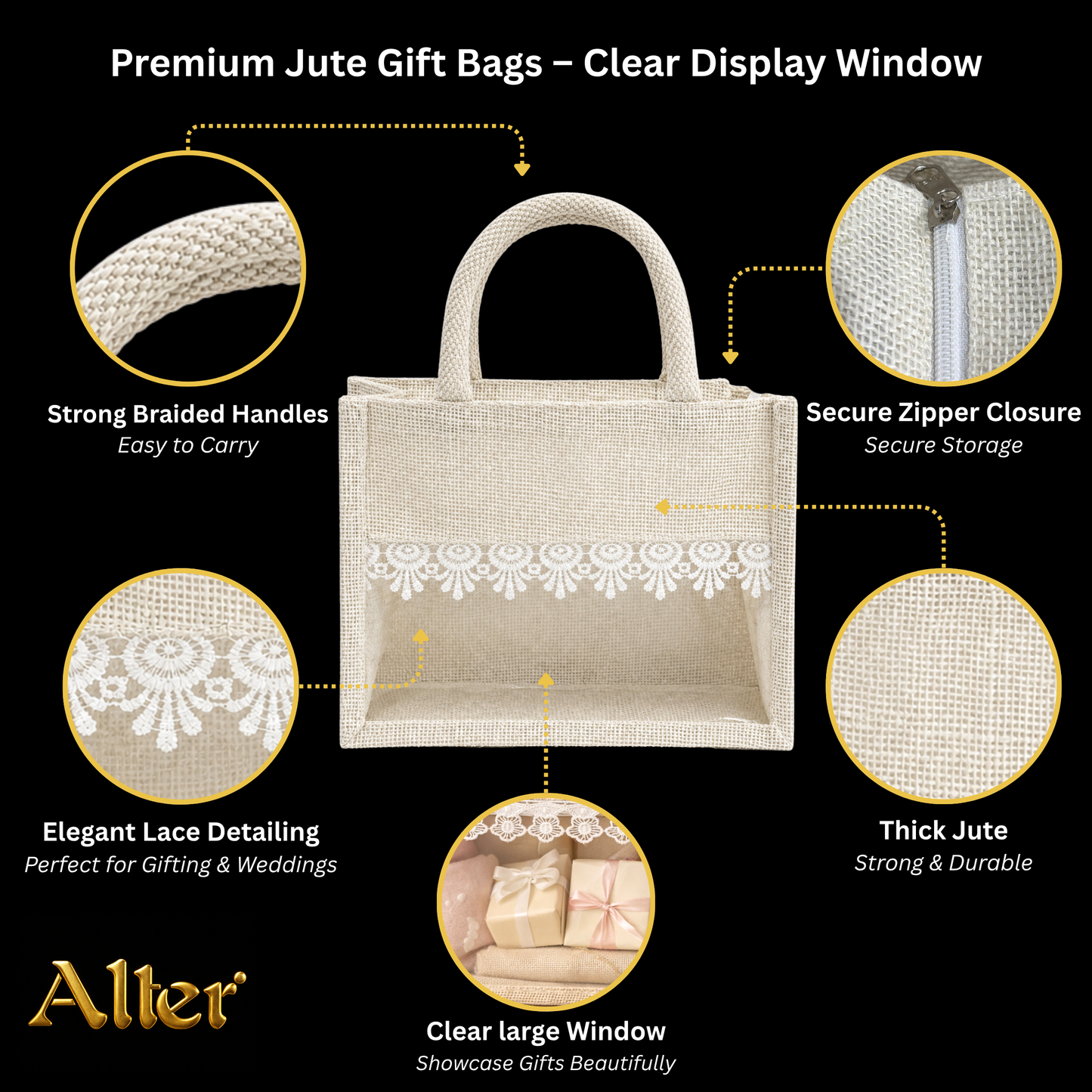 Alter Premium Jute Thamboolam Bags, Jute Gift Bag with Clear Display Window, Lace Detailing, Braided Handles, Zipper Closure, for Weddings & Gifting, Pack of 10 (Finura - Elite - Small (8" x 10" x 4"))