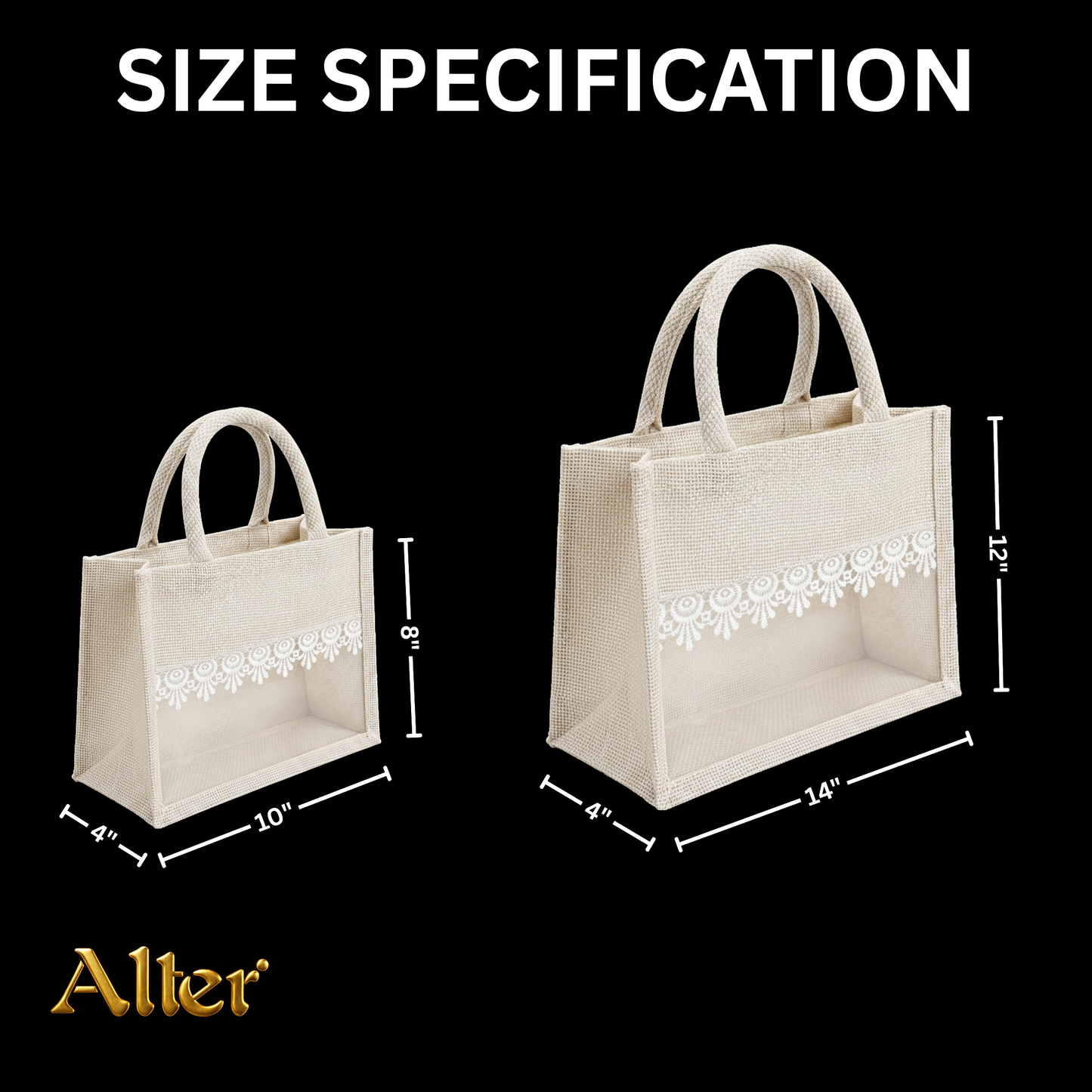 Alter Premium Jute Thamboolam Bags, Jute Gift Bag with Clear Display Window, Lace Detailing, Braided Handles, Zipper Closure, for Weddings & Gifting, Pack of 10 (Finura - Elite - Small (8" x 10" x 4"))