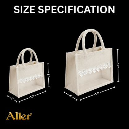 Alter Premium Jute Thamboolam Bags, Jute Gift Bag with Clear Display Window, Lace Detailing, Braided Handles, Zipper Closure, for Weddings & Gifting, Pack of 10 (Finura - Elite - Small (8" x 10" x 4"))