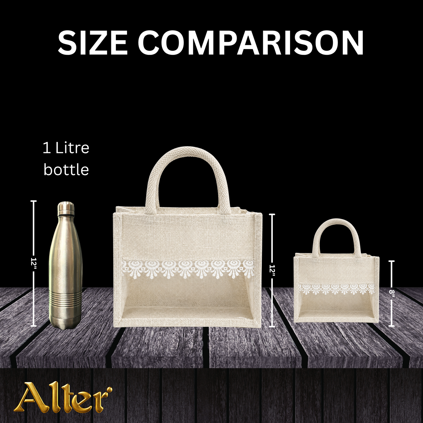 Alter Premium Jute Thamboolam Bags, Jute Gift Bag with Clear Display Window, Lace Detailing, Braided Handles, Zipper Closure, for Weddings & Gifting, Pack of 10 (Finura - Elite - Small (8" x 10" x 4"))