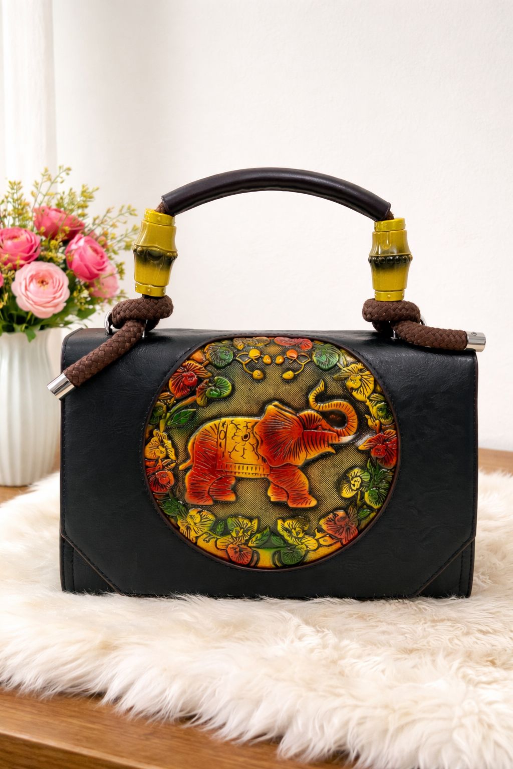 Heritage Elephant Art Handbag – Handcrafted Statement Top-Handle Bag