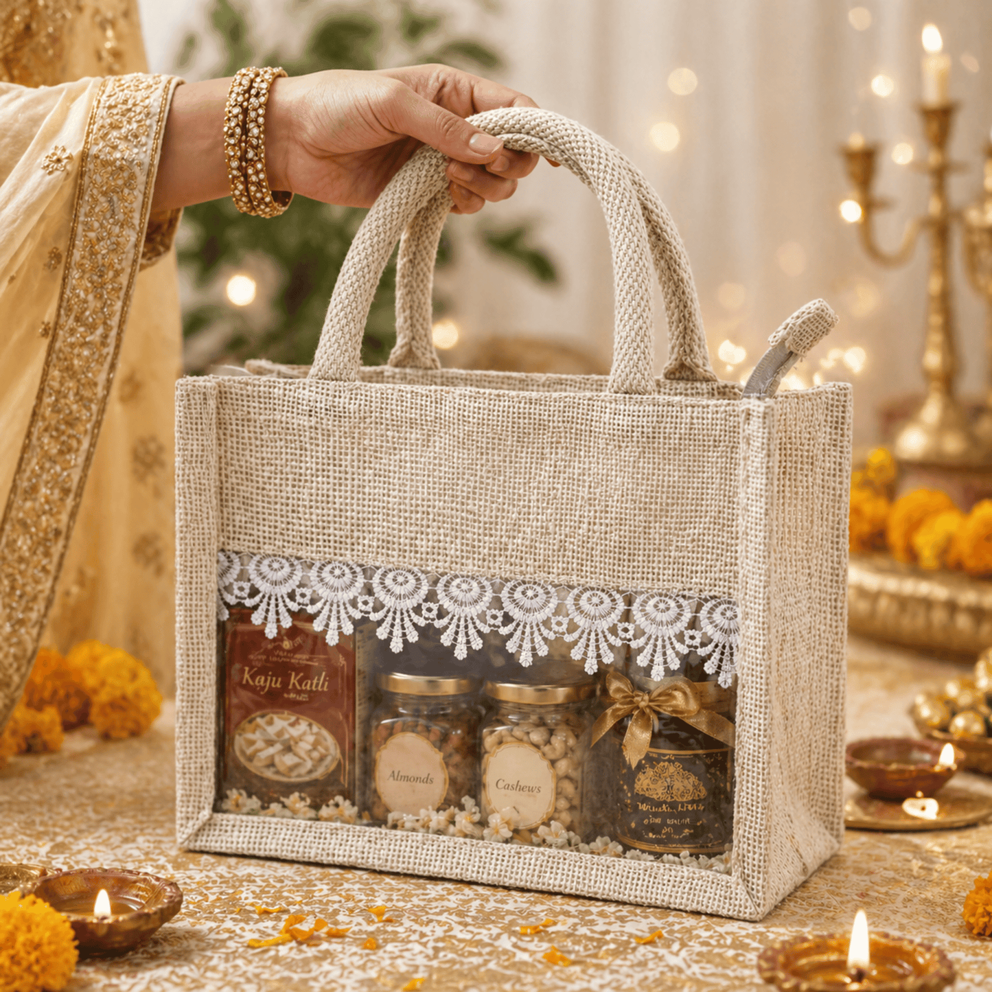 Alter Premium Jute Thamboolam Bags, Jute Gift Bag with Clear Display Window, Lace Detailing, Braided Handles, Zipper Closure, for Weddings & Gifting, Pack of 10 (Finura - Elite - Small (8" x 10" x 4"))