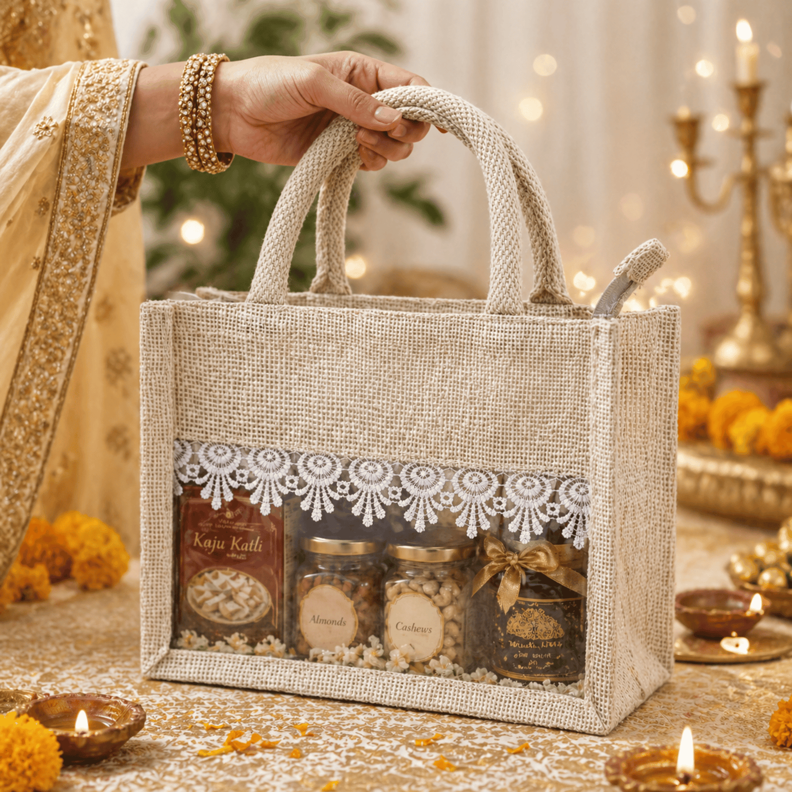 Alter Premium Jute Thamboolam Bags, Jute Gift Bag with Clear Display Window, Lace Detailing, Braided Handles, Zipper Closure, for Weddings & Gifting, Pack of 10 (Finura - Elite - Small (8" x 10" x 4")) by Alter