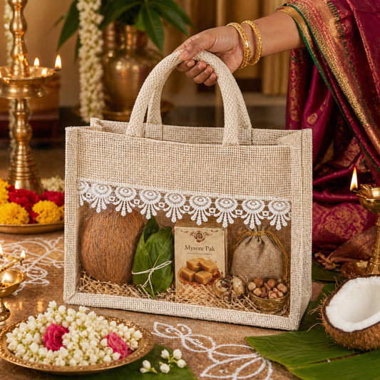 Alter Premium Jute Thamboolam Bags, Jute Gift Bag with Clear Display Window, Lace Detailing, Braided Handles, Zipper Closure, for Weddings & Gifting, Pack of 10 (Finura - Elite - Small (8" x 10" x 4"))