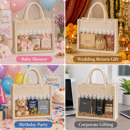 Alter Premium Jute Thamboolam Bags, Jute Gift Bag with Clear Display Window, Lace Detailing, Braided Handles, Zipper Closure, for Weddings & Gifting, Pack of 10 (Finura - Elite - Small (8" x 10" x 4"))