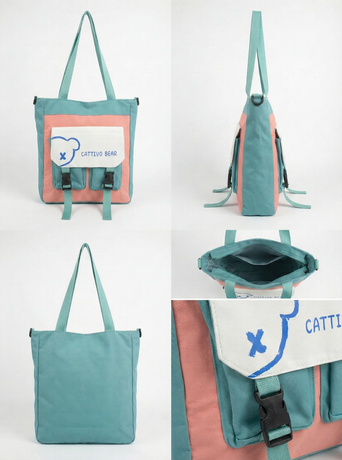Alter "Cattivo Bear" Color-Block Canvas Tote Bag – Utility Shoulder Bag - Alter