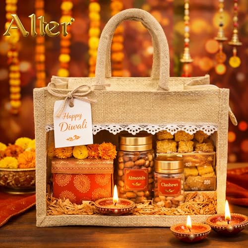 ALTER® Jute Gift Hamper Bag with Transparent Window and Lace, Reusable Return Gift Bag for Wedding Favors, Baby Shower, Diwali, Festive and Corporate Gifts, Natural Beige|B0GNN8L9V1