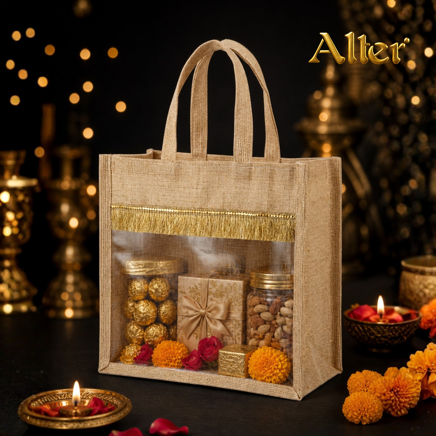 Alter Premium Jute Thamboolam Bags, Jute Gift Bag with Clear Display Window, Lace Detailing, Braided Handles, Zipper Closure, for Weddings & Gifting, Pack of 10 (Finura - Mangala (11" x 11" x 5"))