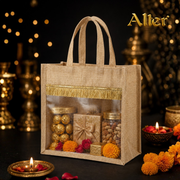 Alter Premium Jute Thamboolam Bags, Jute Gift Bag with Clear Display Window, Lace Detailing, Braided Handles, Zipper Closure, for Weddings & Gifting, Pack of 10 (Finura - Mangala (11" x 11" x 5")) thumbnail