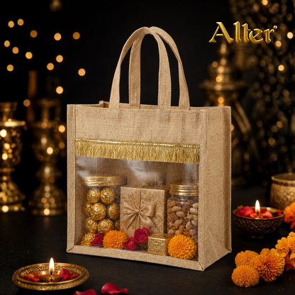 Alter Premium Jute Thamboolam Bags, Jute Gift Bag with Clear Display Window, Lace Detailing, Braided Handles, Zipper Closure, for Weddings & Gifting, Pack of 10 (Finura - Mangala (11" x 11" x 5"))