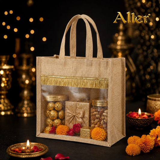 Alter Premium Jute Thamboolam Bags, Jute Gift Bag with Clear Display Window, Lace Detailing, Braided Handles, Zipper Closure, for Weddings & Gifting, Pack of 10 (Finura - Mangala (11" x 11" x 5"))