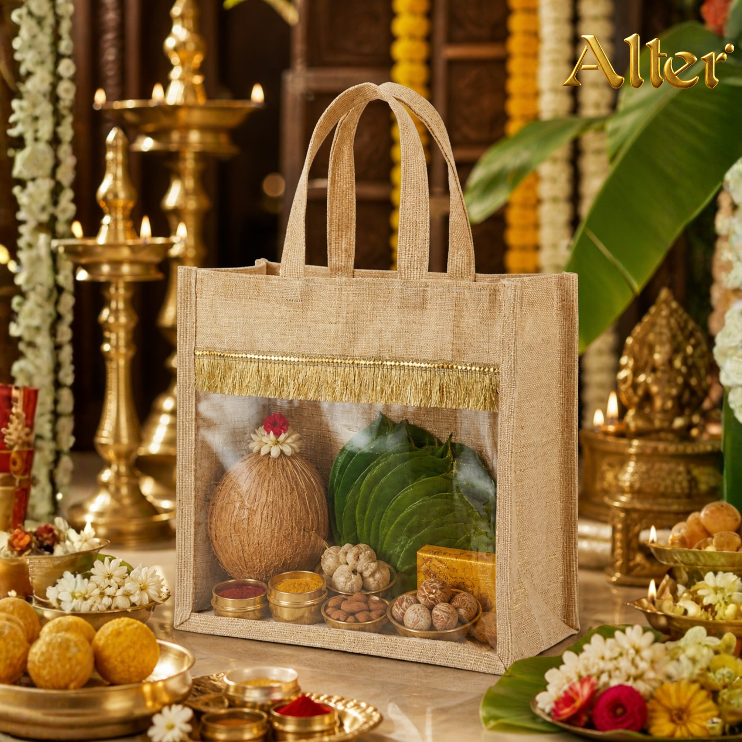 Alter Premium Jute Thamboolam Bags, Jute Gift Bag with Clear Display Window, Lace Detailing, Braided Handles, Zipper Closure, for Weddings & Gifting, Pack of 10 (Finura - Mangala (11" x 11" x 5"))
