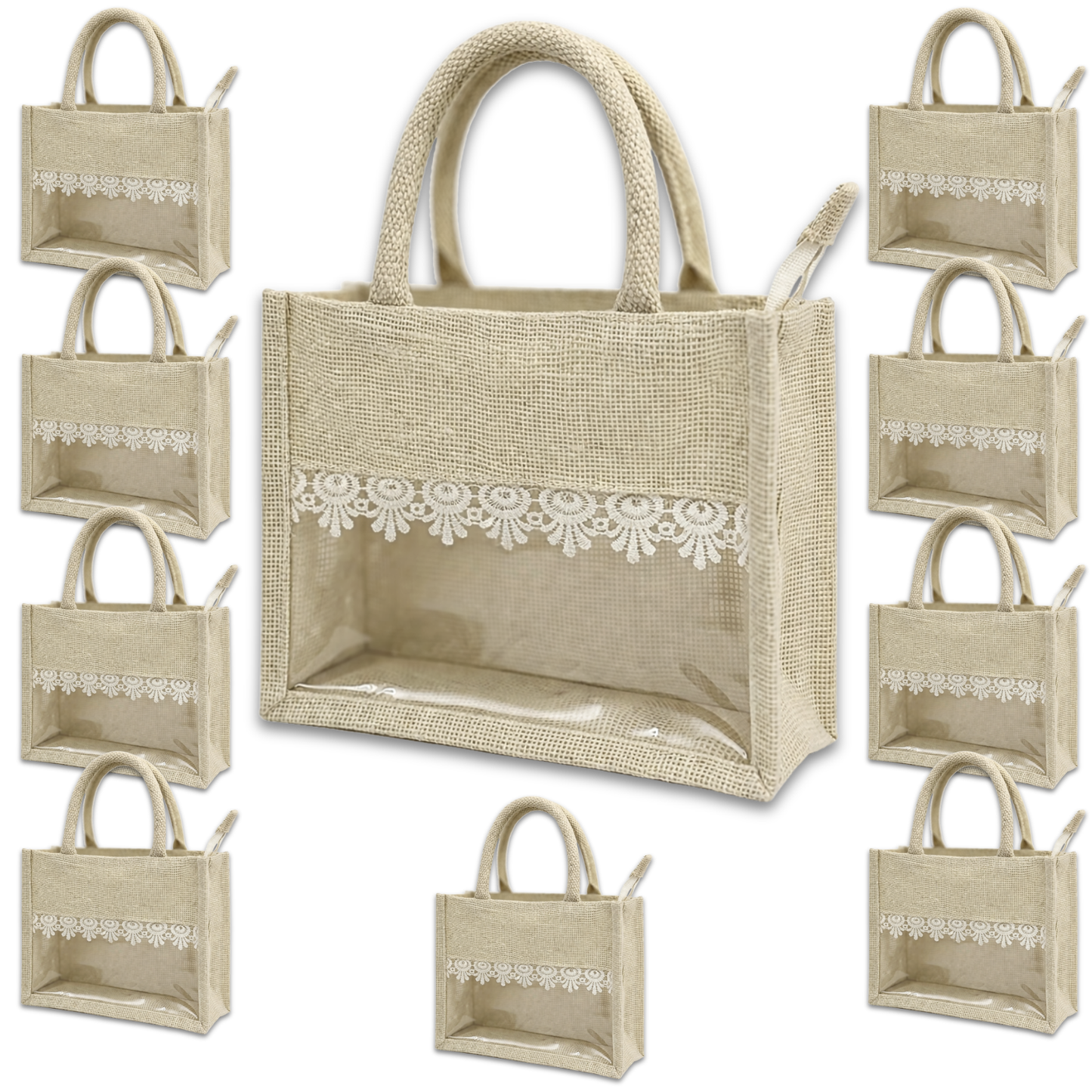 Alter Premium Jute Thamboolam Bags, Jute Gift Bag with Clear Display Window, Lace Detailing, Braided Handles, Zipper Closure, for Weddings & Gifting, Pack of 10 (Finura - Elite - Small (8" x 10" x 4"))