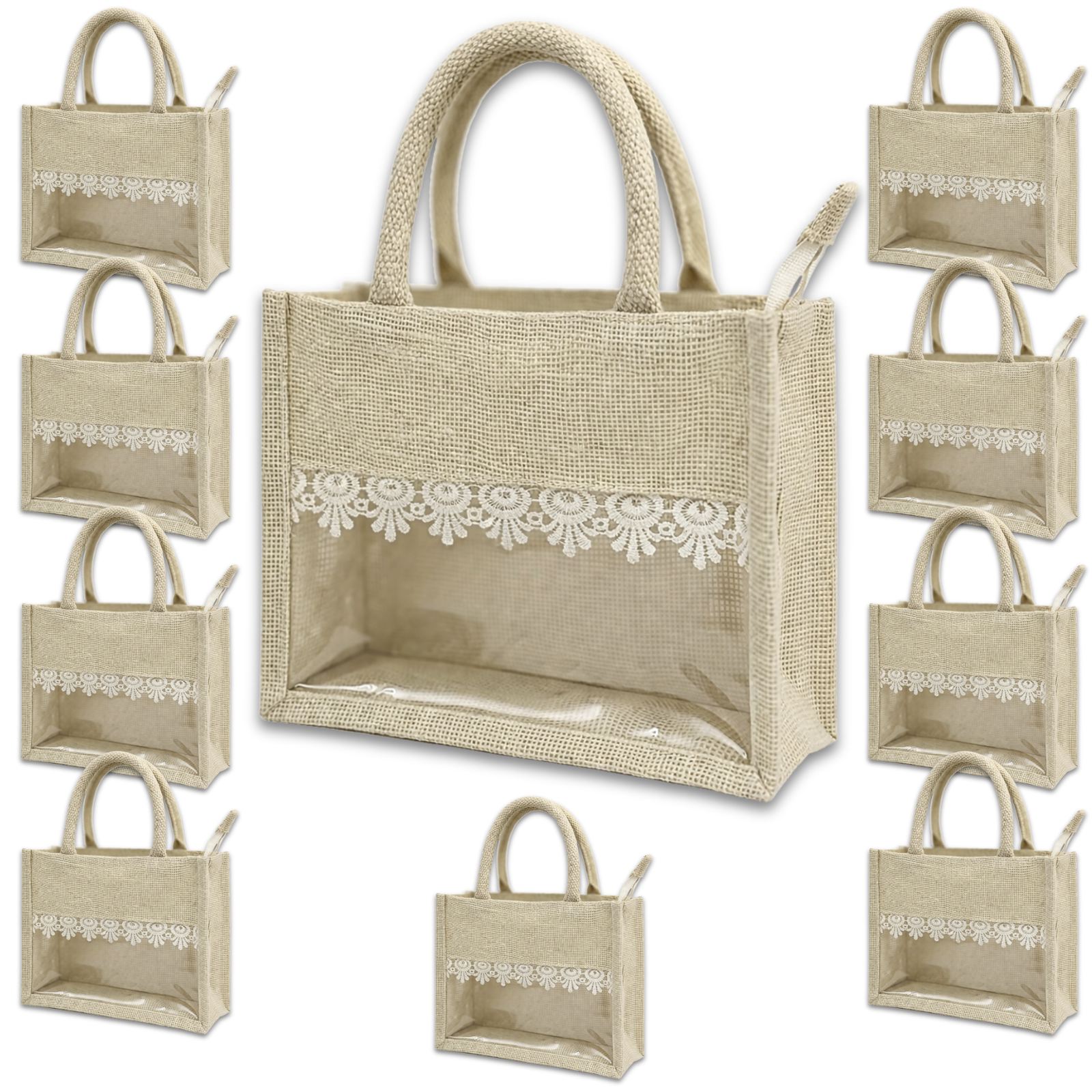 Alter Premium Jute Thamboolam Bags, Jute Gift Bag with Clear Display Window, Lace Detailing, Braided Handles, Zipper Closure, for Weddings & Gifting, Pack of 10 (Finura - Elite - Small (8" x 10" x 4")) by Alter