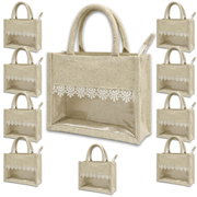 Alter Premium Jute Thamboolam Bags, Jute Gift Bag with Clear Display Window, Lace Detailing, Braided Handles, Zipper Closure, for Weddings & Gifting, Pack of 10 (Finura - Elite - Small (8" x 10" x 4")) thumbnail