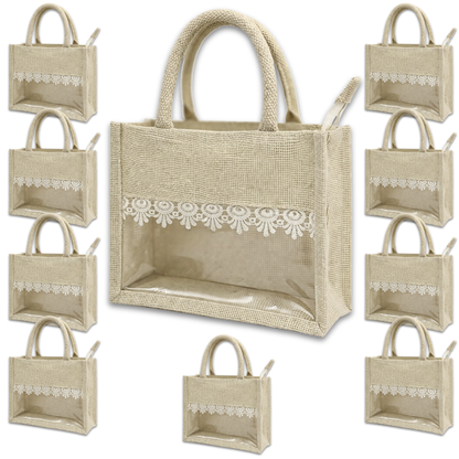 Alter Premium Jute Thamboolam Bags, Jute Gift Bag with Clear Display Window, Lace Detailing, Braided Handles, Zipper Closure, for Weddings & Gifting, Pack of 10 (Finura - Elite - Small (8" x 10" x 4"))