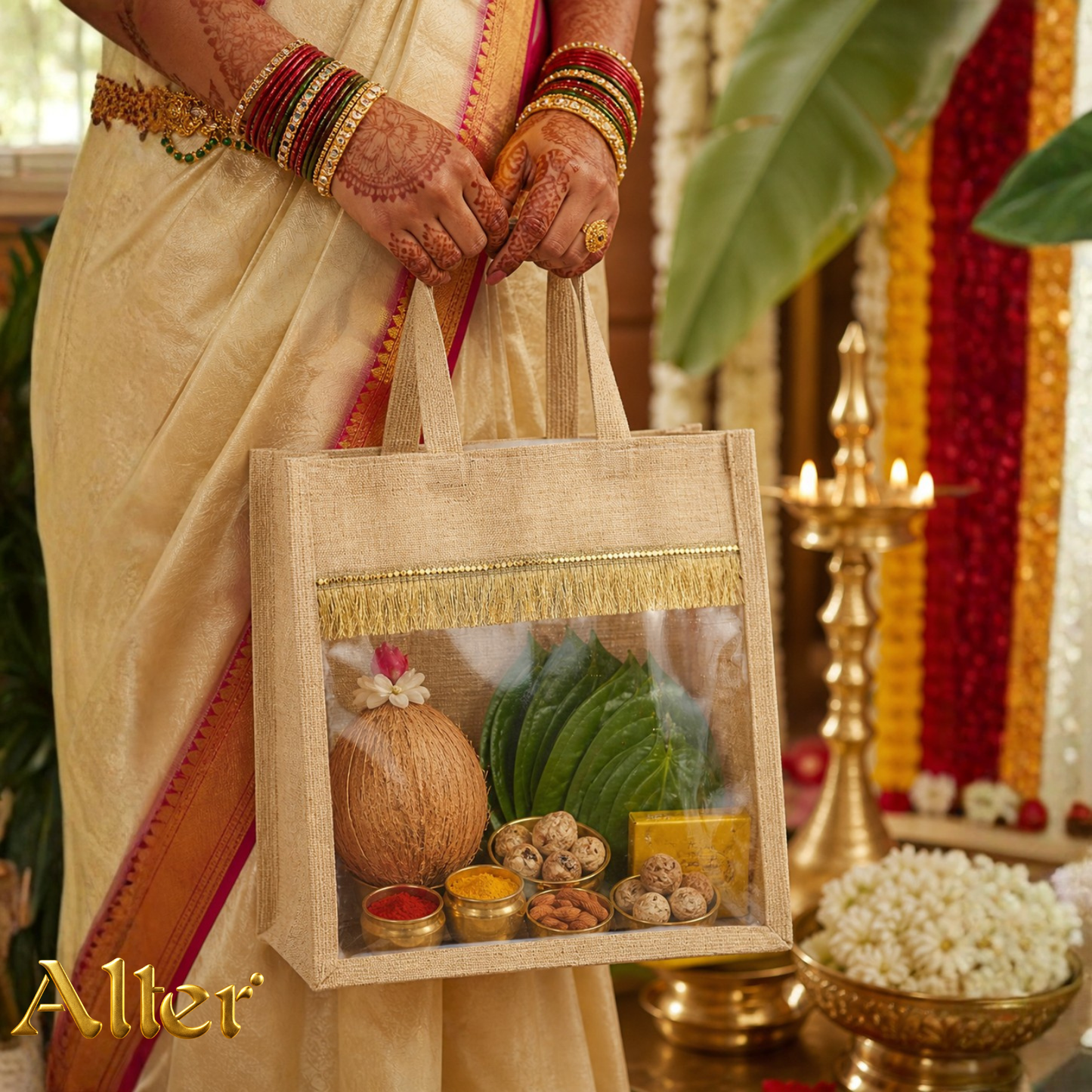 Alter Premium Jute Thamboolam Bags, Jute Gift Bag with Clear Display Window, Lace Detailing, Braided Handles, Zipper Closure, for Weddings & Gifting, Pack of 10 (Finura - Mangala (11" x 11" x 5"))