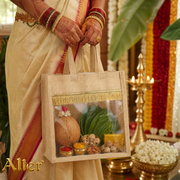 Alter Premium Jute Thamboolam Bags, Jute Gift Bag with Clear Display Window, Lace Detailing, Braided Handles, Zipper Closure, for Weddings & Gifting, Pack of 10 (Finura - Mangala (11" x 11" x 5")) thumbnail