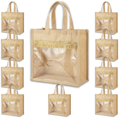 Alter Premium Jute Thamboolam Bags, Jute Gift Bag with Clear Display Window, Lace Detailing, Braided Handles, Zipper Closure, for Weddings & Gifting, Pack of 10 (Finura - Mangala (11" x 11" x 5"))