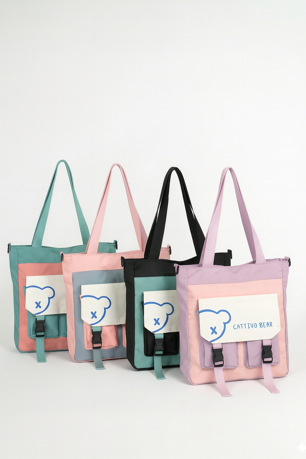 Alter "Cattivo Bear" Color-Block Canvas Tote Bag – Utility Shoulder Bag - Alter