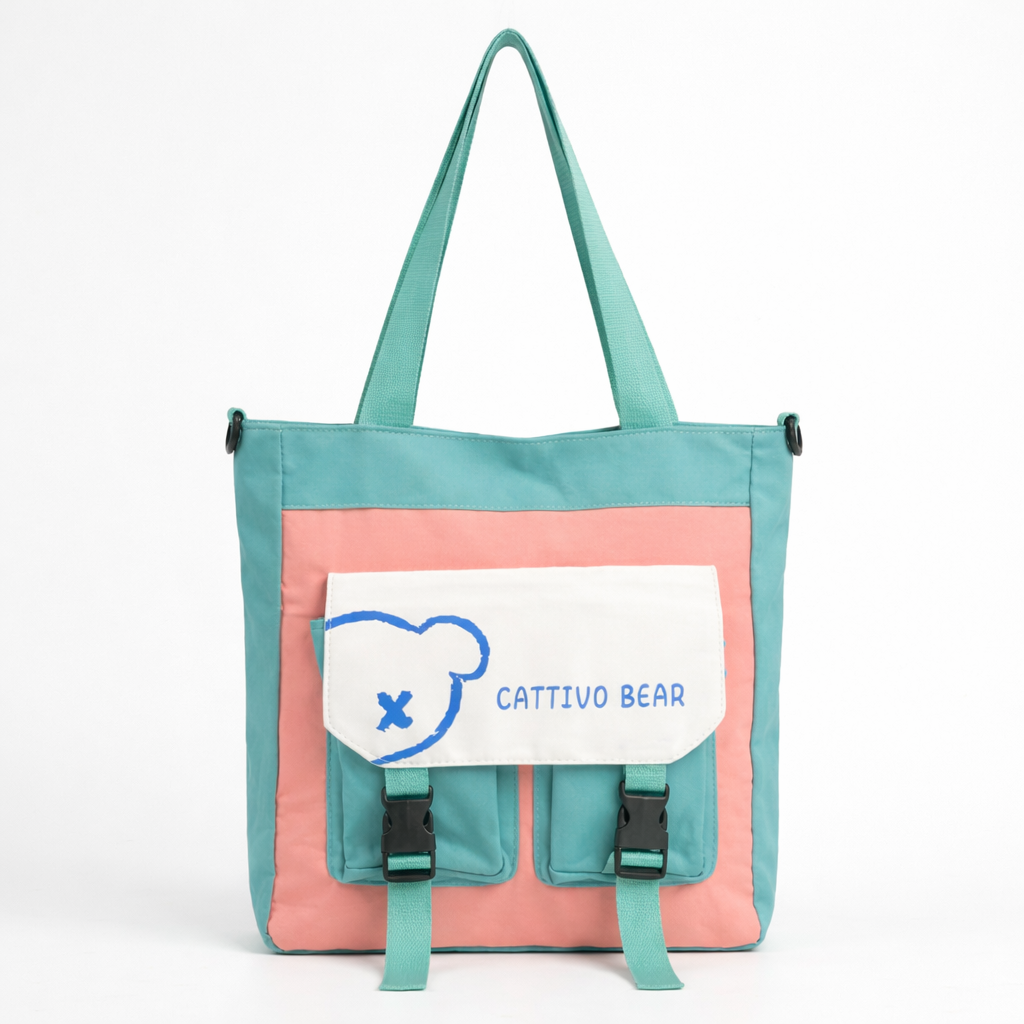 Alter "Cattivo Bear" Color-Block Canvas Tote Bag – Utility Shoulder Bag